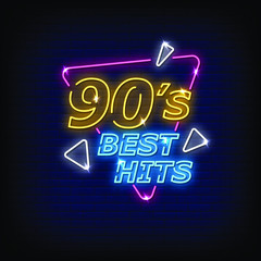Best Hits 90's Neon Signs Style Text Vector