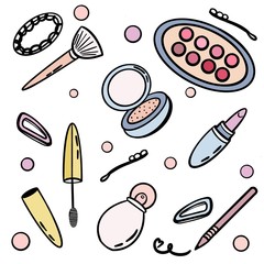 Colorful cosmetics and beauty makeup set elements . Background. Doodle style. Accessories, eye shadow, mascara, lipstick, brush, powder, perfume.