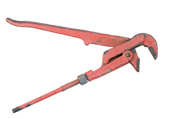 vintage rusty red pipe wrench isolated on white background, top view