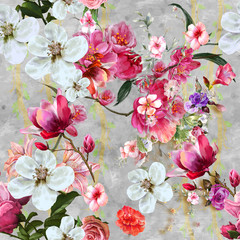 Panele Szklane  Akwarela malarstwo liści i kwiatów, bezszwowe tło wzór