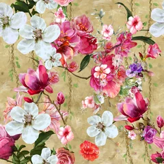Tapeten Beige Aquarellmalerei von Blättern und Blumen, nahtloser Musterhintergrund