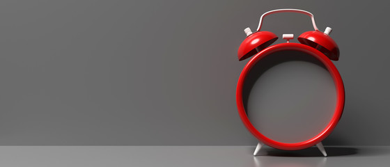 Red retro alarm clock empty, blank against gray background, 3d illustration