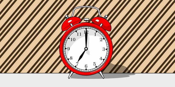 Red old alarm clock comic, toon on wallpaper background, illustration