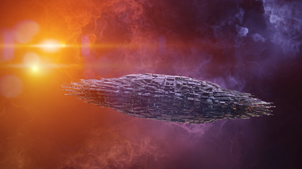 Fototapeta premium UFO, alien spaceship in outer space, flying saucer with stars of the Milky Way galaxy