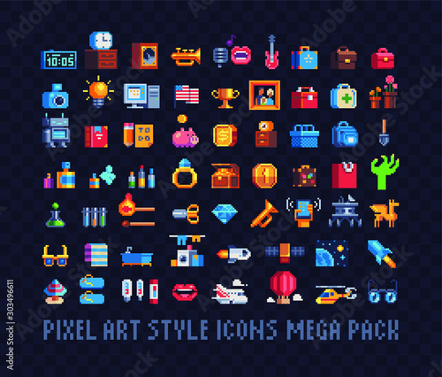 Fototapete Mega Big Set Of Pixel Art Icons Tools Music Money Bags Jewel And Spaceships Design For Stickers Logo Web And Mobile App Isolated Vector Illustration 8 Bit Sprite Thepolovinkin