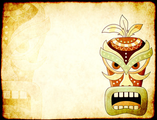 Grunge background with old paper texture and tiki tribal mask