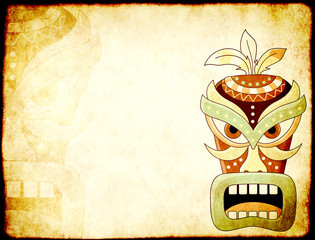 Grunge background with old paper texture and tiki tribal mask © frenta