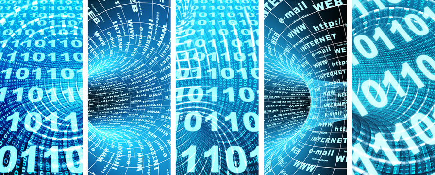 Set of vertical banners with abstract blue tunnel and binary code