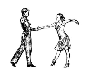 Dancing couple of people. Flat design, black line isolated on white. Vector image.