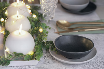 Festive background in Scandinavian style. Nordic tableware design for Christmas and New Year celebration.