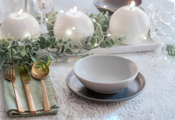 Fototapeta na wymiar Festive background in Scandinavian style. Nordic tableware design for Christmas and New Year celebration.