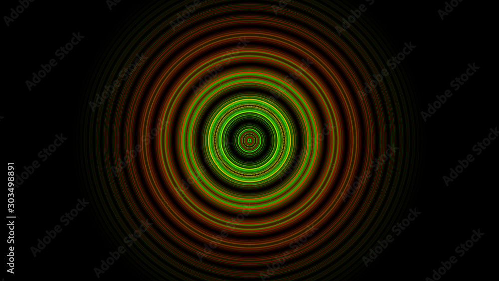 Poster abstract composition of bright diverging circles on a dark backgroundr, computer graphics, 3d render