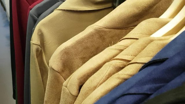 Close up of new leather clothes in a fashion store. Florence Tuscany. Italy