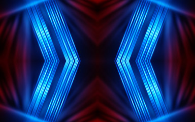 Fototapeta premium Dark abstract futuristic background. Neon lines glow. Neon lines, shapes. Multi-colored glow, blurry lights, bokeh. Empty stage background