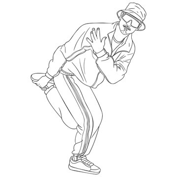 Old School Hip Hop Breakdancer, Standing On One Leg And Holding His Hand To His Shoulder. Cap, Sunglasses, Outline, Black, White.