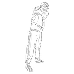 outline drawing of a boy with cool arms looking into the camera. hat, tracksuit, black, white, vector.