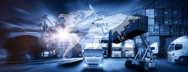 Obraz na płótnie Canvas World map with logistic network distribution on background. Logistic and transport concept in front Logistics Industrial Container Cargo freight ship for Concept of fast or instant shipping Online