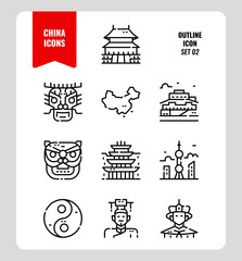 China icon set 2. Include People, Culture, architecture, map and more. Outline icons Design. vector illustration