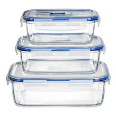 Close up of glass food containers isolated on white background