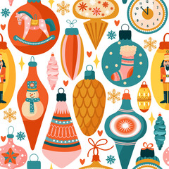 Merry Christmas background. Seamless pattern with various tree decorations. Snowman, horse, clock, Santa Claus, pine cone and ball toy. Texture for textile, wrapping paper, packaging etc. Vector.