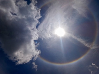The sun halo natural phenomenon . Troposphere layer. defocused image