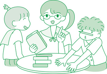 学校　制服　３人セット　緑　一色　笑顔　学生　生徒　勉強　図書室　図書館　本　読書　メガネ　鉛筆