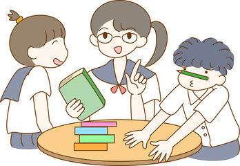 学校　制服　３人セット　茶色線　笑顔　学生　生徒　勉強　図書室　図書館　本　読書　メガネ　鉛筆