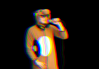 Man in cosplay costume of a cow singing karaoke. Guy in the funny animal pyjamas sleepwear holding...