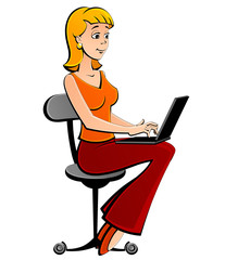 A young woman is sitting on a chair with a laptop on her lap and is typing. Cartoon style.