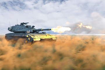 modern tank with not real design at war shooting in desert, detailed heroic defense concept - military 3D Illustration