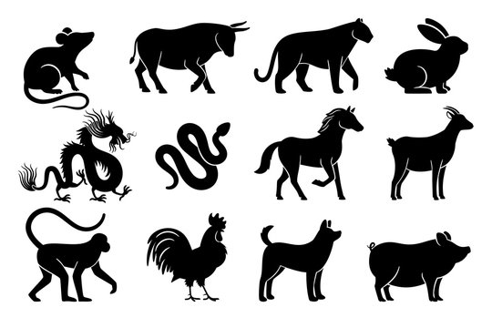 Chinese horoscope silhouettes. Chinese zodiac animals symbols of year, black signs on white background, tiger and rabbit, bull and dragon mythology drawings