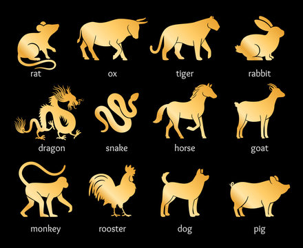 Gold Named Chinese Horoscope. Pig And Dog, Rooster And Monkey, Goat And Horse, Snake And Dragon, Rabbit And Tiger, Ox And Rat Asian Zodiacs Animals Characters