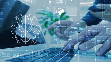 AI, artificial intelligence conceptual with computer interface of business team, big data management use AI technology computing