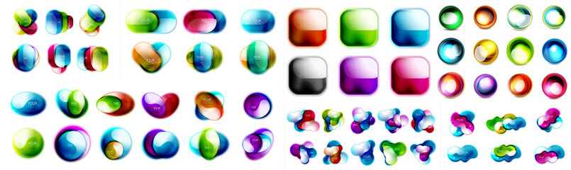 Mega collection of multicolored glossy icons: geometric shapes, fluid flowing forms, background and banners templates, glass transparent buttons
