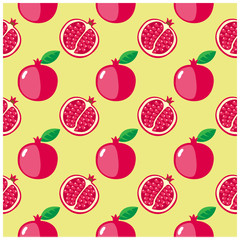 Pomegranate and slice seamless pattern with yellow background. Vector bright print for fabric or wallpaper.