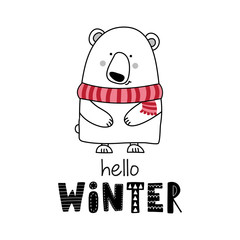 Hello Winter - Cute polar bear design, funny hand drawn doodle, cartoon teddy Vector hand drawn illustration.