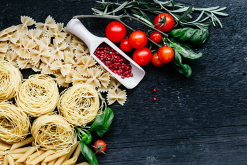 italian pasta . Raw pasta. Farfale, cappelli angelo, spaghetti, cavatelli, noodles