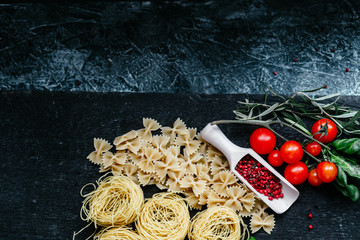 italian pasta . Raw pasta. Farfale, cappelli angelo, spaghetti, cavatelli, noodles