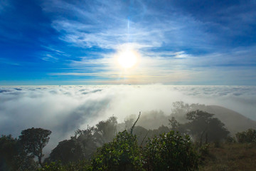 Sunrise at Doi MonJong with sea of fog and clouds Chiangmai, Thailand, Asia.