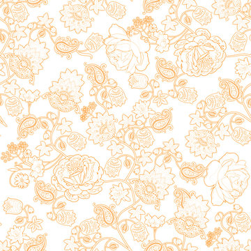 Gold lace ornament. Seamless romantic pattern with garden and fantasy flowers, leaves, little berries and paisley on white background. Print for fabric.