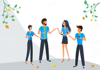 Obraz premium Business people talking communication, cartoon characters, dialogue or conversations between colleagues, discussion of news. Flat vector illustration