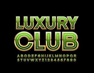 Vector bright Banner Luxury Club. Green and Golden Alphabet Letters, Numbers and Symbols. Chic stylish Font.