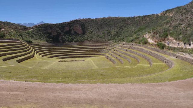 Inca terraces at Moray, Cusco region, Peru. Each level has its own microclimate. 