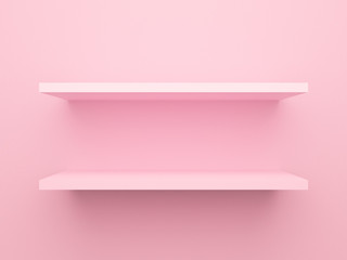 Pink shop shelf hanging on wall for mockup. Valentines theme design concept. Empty two bookshelf on...