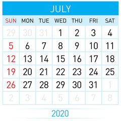 July Planner Calendar. Illustration of Calendar in Simple and Clean Table Style for Template Design on White Background. Week Starts on Sunday