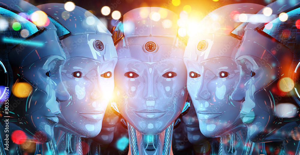 Poster group of female robots close to each others cyborg army concept 3d rendering