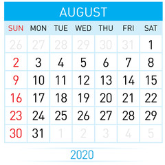 August Planner Calendar. Illustration of Calendar in Simple and Clean Table Style for Template Design on White Background. Week Starts on Sunday