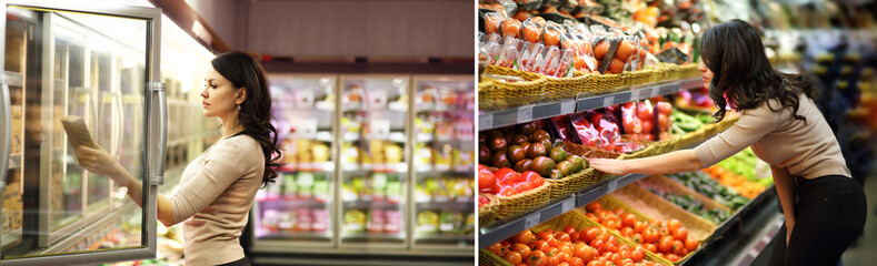 Collage of woman choosing a dairy products at supermarket. Reading product information