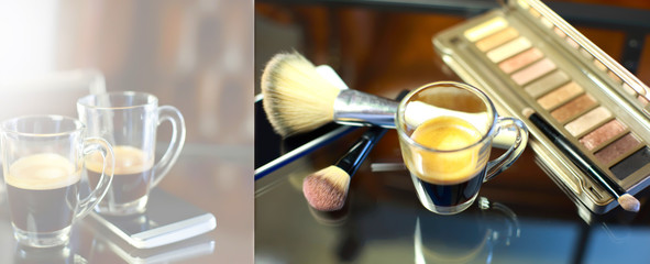 Cup of coffee with the phone and make-up set and brushes