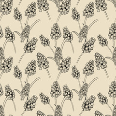 Seamless pattern with realistically painted ink Muscari flowers. Hand drawn illustration on beige background modified to digital source for modern disign, print textile, fabric, wrapping paper